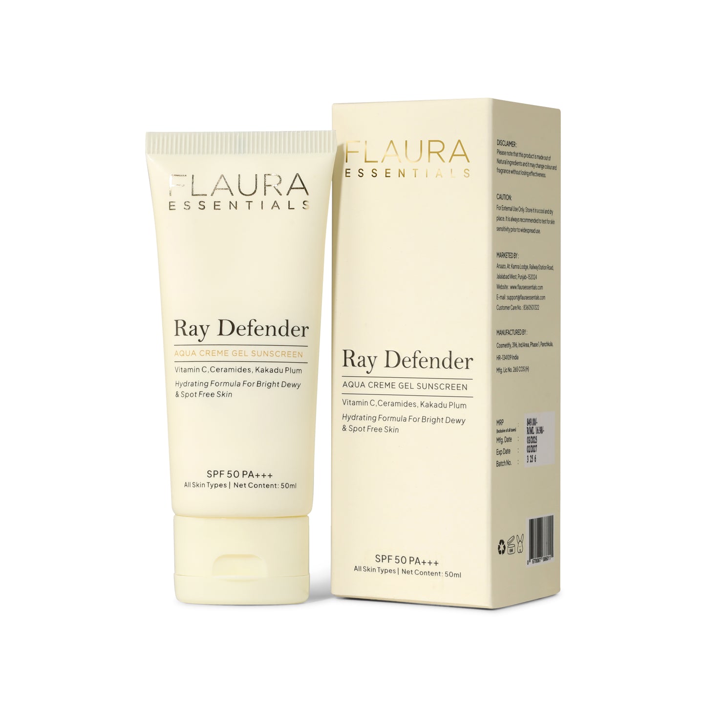 Laura Essentials Ray Defender sunscreen cream and packaging on a white background