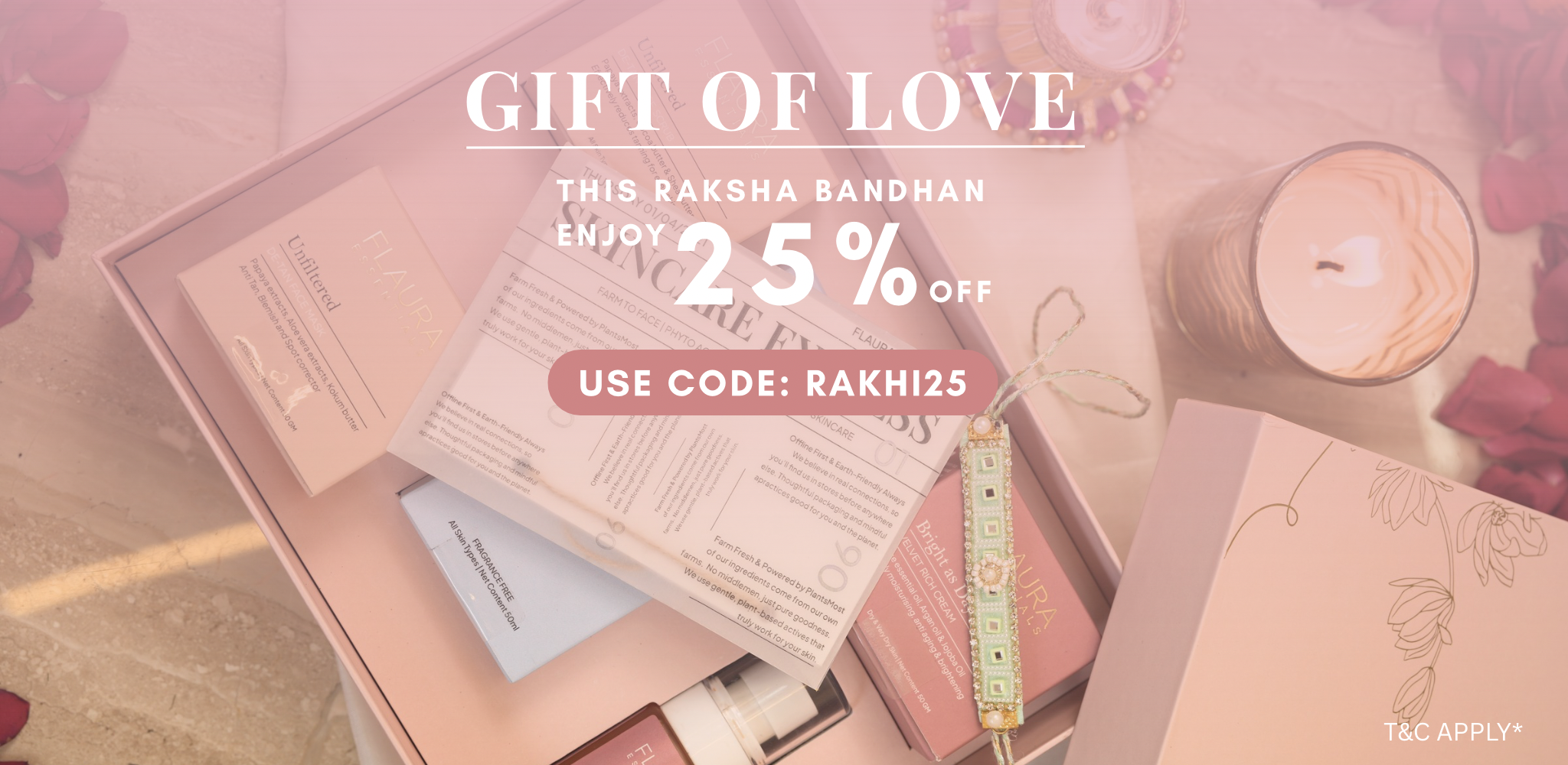 Promotional banner for a gift of love with a discount offer on a soft pink background.